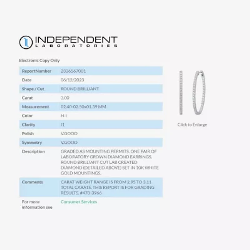 (H-I / I1) 3 CT. T.W. Lab Grown White Diamond 14K White Gold 9.9mm Hoop Earrings