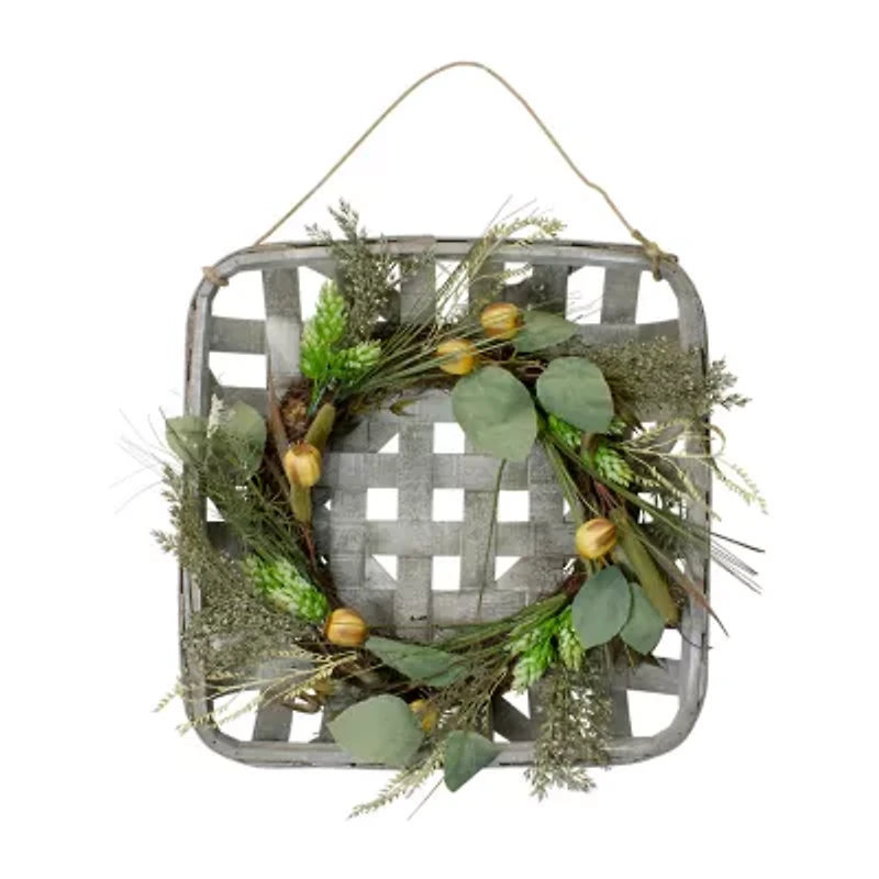 Northlight Cattail Grapevine Wooden Tray Hanging Wreath