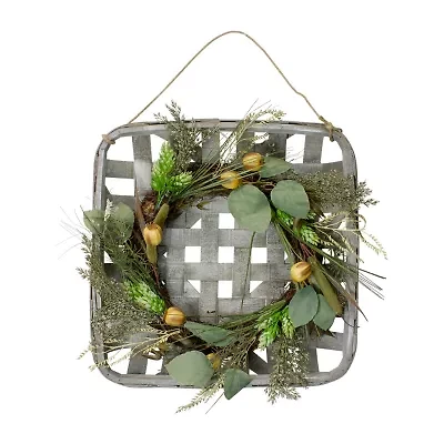 Northlight Cattail Grapevine Wooden Tray Hanging Wreath
