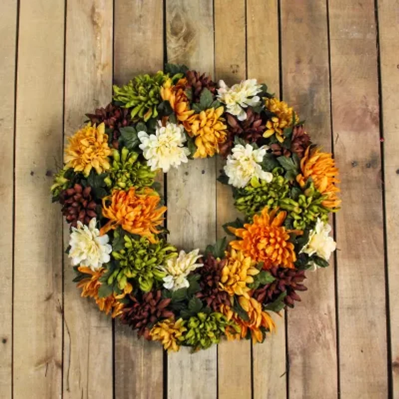 Northlight 19.5in Orange And Green Chrysanthemum Unlit Wreath