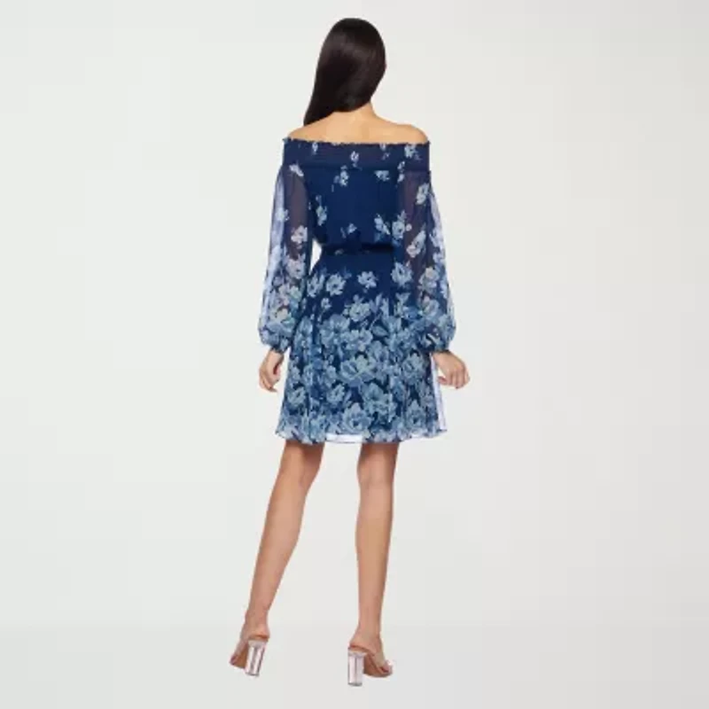 Premier Amour Off The Shoulder Womens Long Sleeve Floral Fit + Flare Dress