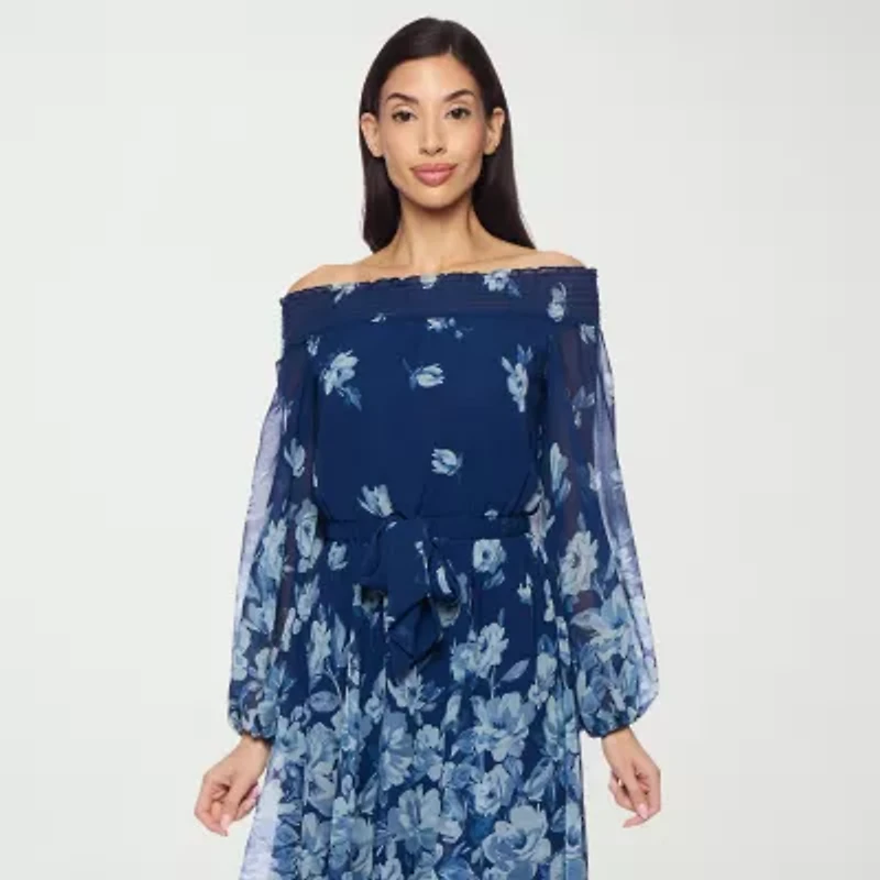 Premier Amour Off The Shoulder Womens Long Sleeve Floral Fit + Flare Dress