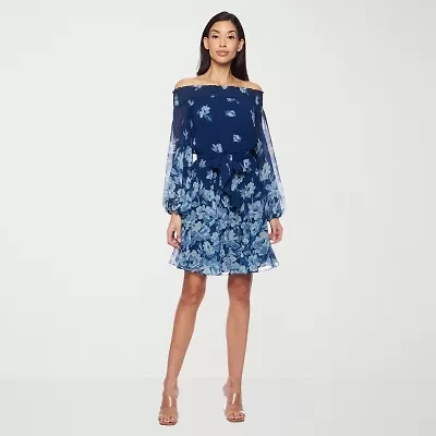 Premier Amour Off The Shoulder Womens Long Sleeve Floral Fit + Flare Dress