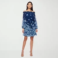 Premier Amour Off The Shoulder Womens Long Sleeve Floral Fit + Flare Dress