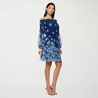 Premier Amour Off The Shoulder Womens Long Sleeve Floral Fit + Flare Dress
