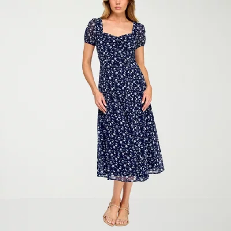 Trixxi Womens Short Sleeve Floral Midi Juniors Fit + Flare Dress