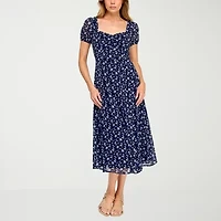 Trixxi Womens Short Sleeve Floral Midi Juniors Fit + Flare Dress