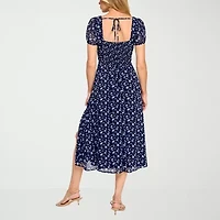 Trixxi Womens Short Sleeve Floral Midi Juniors Fit + Flare Dress