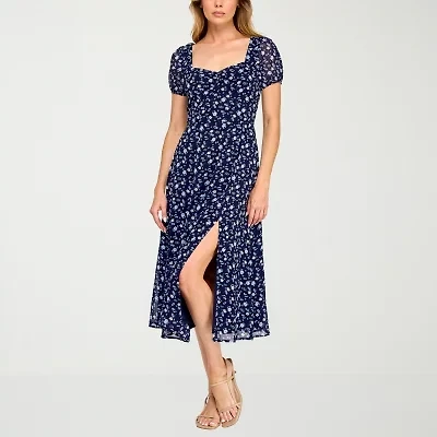 Trixxi Womens Short Sleeve Floral Midi Juniors Fit + Flare Dress