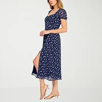 Trixxi Womens Short Sleeve Floral Midi Juniors Fit + Flare Dress