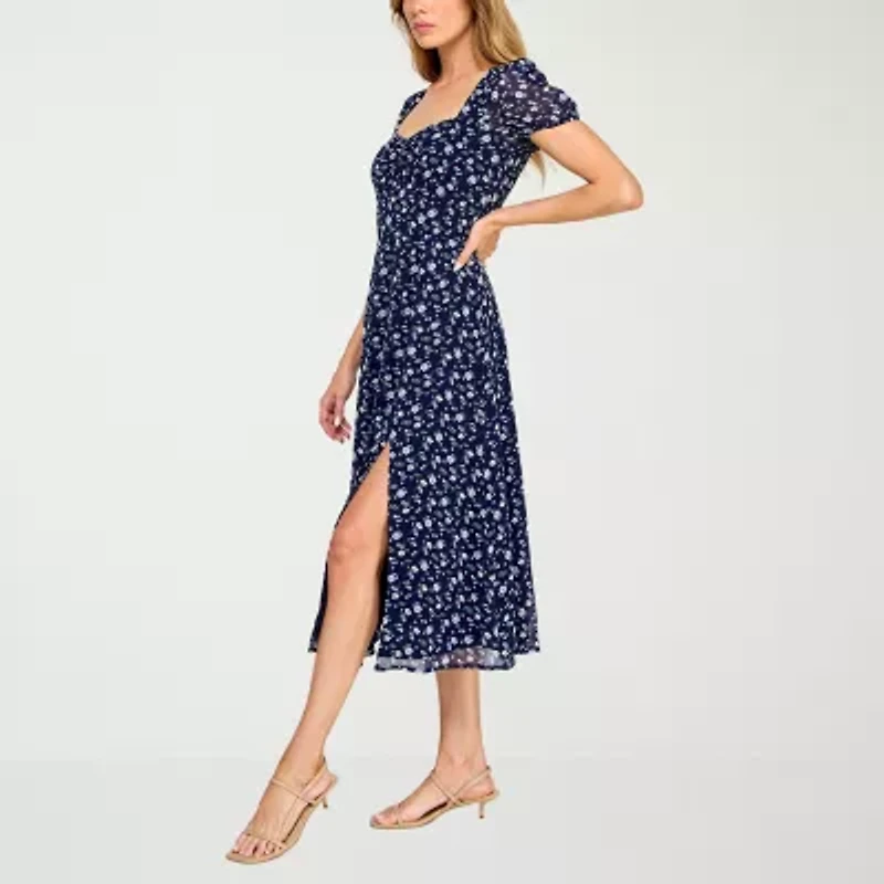Trixxi Womens Short Sleeve Floral Midi Juniors Fit + Flare Dress
