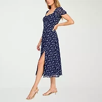 Trixxi Womens Short Sleeve Floral Midi Juniors Fit + Flare Dress