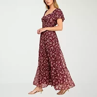 Trixxi Womens Juniors Short Sleeve Floral Fit + Flare Dress