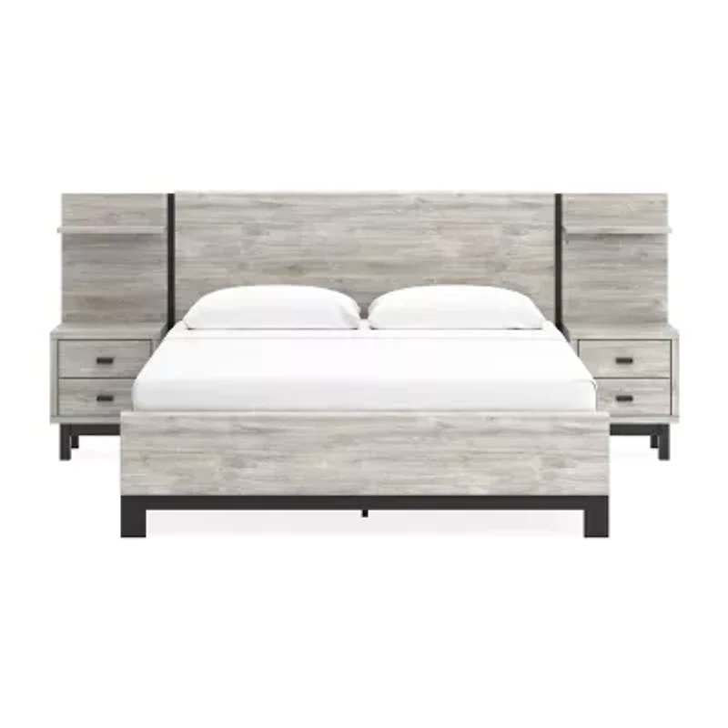 Signature Design by Ashley Vessalli Panel Bed with Headboard Extensions and 2 Nightstands Light Gray