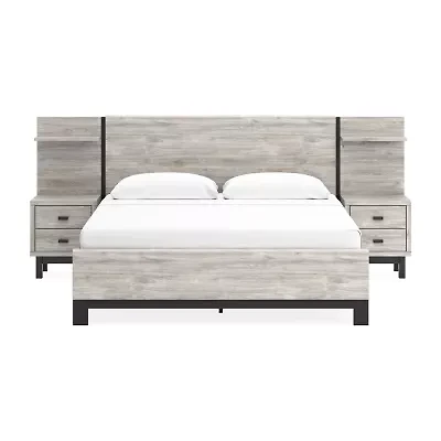 Signature Design by Ashley Vessalli Panel Bed with Headboard Extensions and 2 Nightstands Light Gray