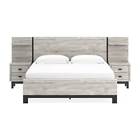 Signature Design by Ashley Vessalli Panel Bed with Headboard Extensions and 2 Nightstands Light Gray