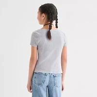 Eyeshadow Big Kid Girls Square Neck Short Sleeve Embroidered T-Shirt