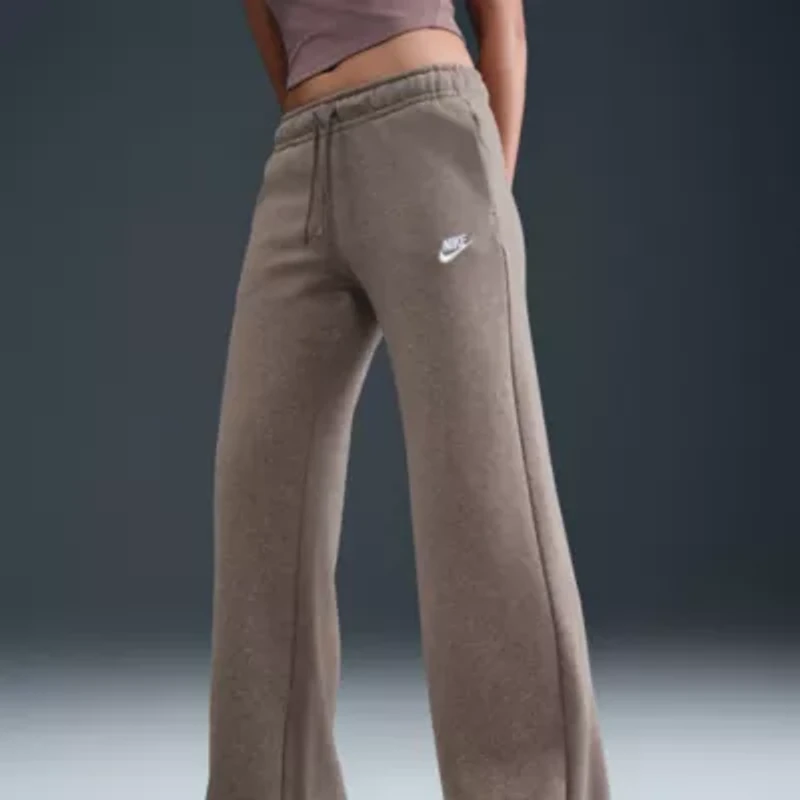 Nike Club Womens Comfort Waistband Drawstring Waist Wide Leg Mid Rise Fleece Sweatpant