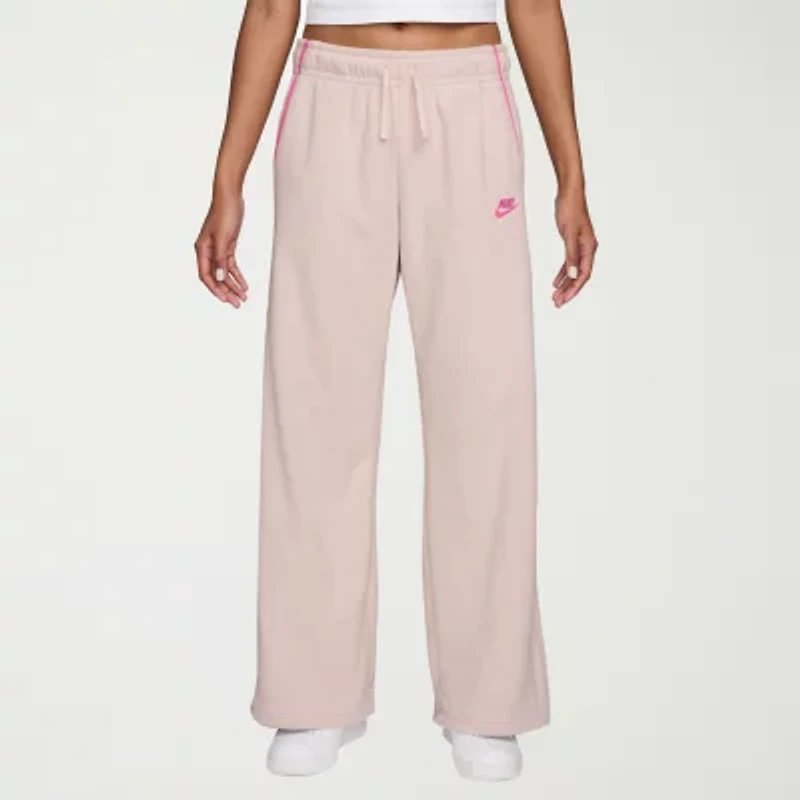 Nike Club Womens Comfort Waistband Drawstring Waist Lightweight Wide Leg Mid Rise Fleece Sweatpant