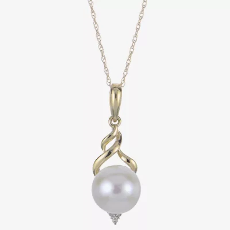 Womens Diamond Accent White Cultured Freshwater Pearl 10K Gold 18 Inch Pendant Necklace