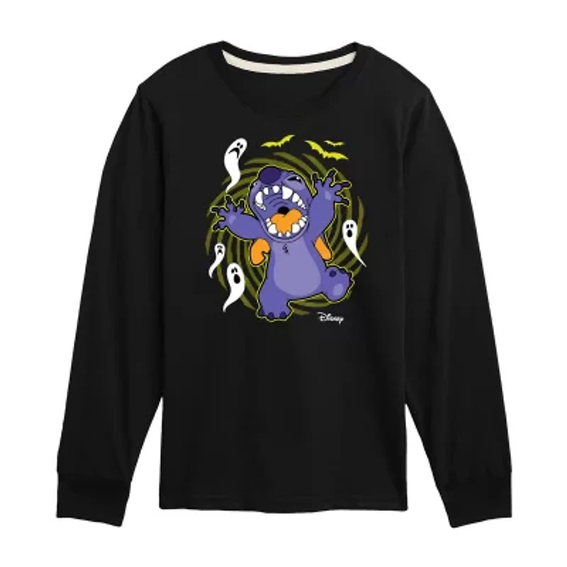 Disney Collection Little & Big Kid Boys Crew Neck Long Sleeve Lilo Stitch Graphic T-Shirt