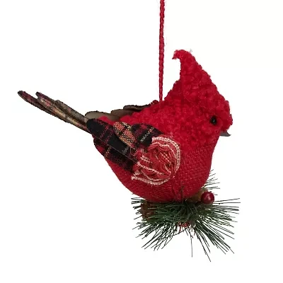 6.5'' Red Burlap  Cardinal with Pine Needles and Berries Christmas Ornament