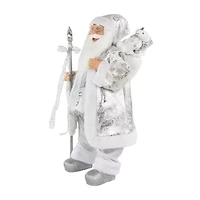 24'' Silver and White Santa Claus with Staff and Gift Bag Christmas Figure