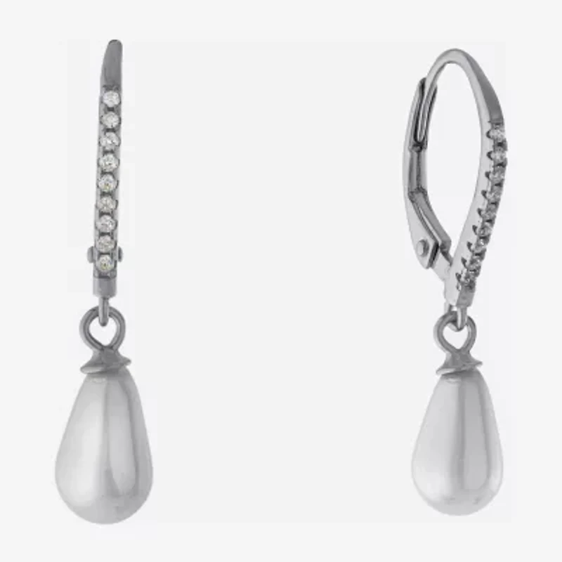 Silver Treasures Womens Simulated Pearl Sterling Silver Round Drop Earrings