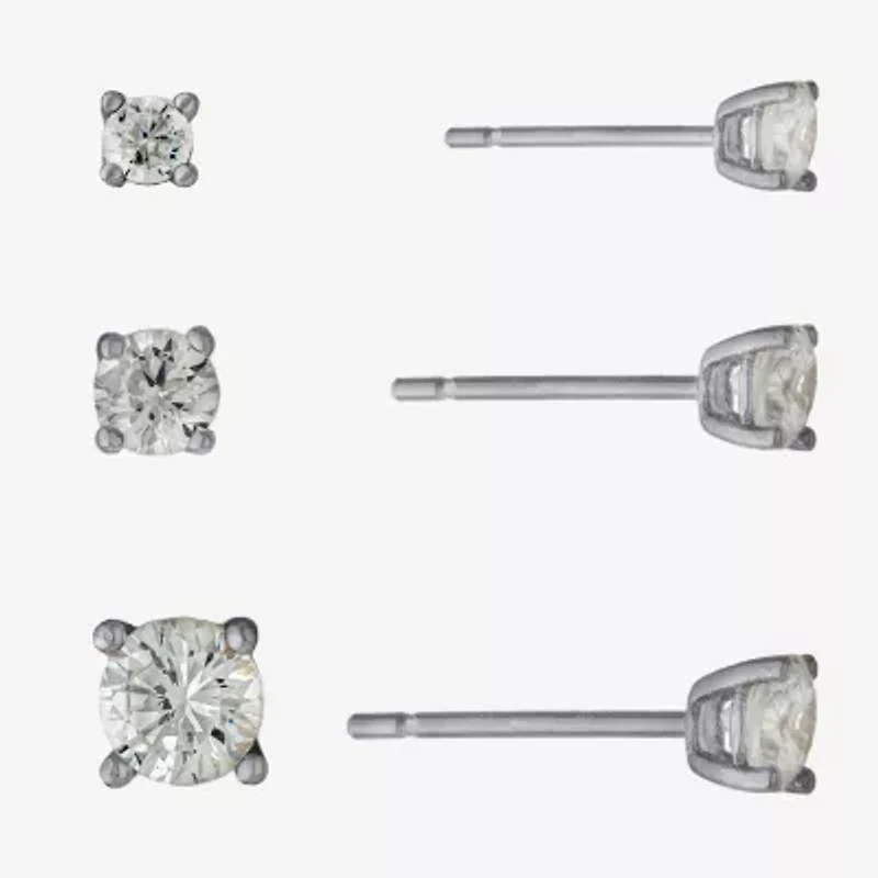 Silver Treasures Womens Cubic Zirconia Sterling Silver Round 3 Pair Earring Set