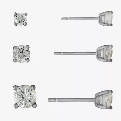 Silver Treasures Womens Cubic Zirconia Sterling Silver Round Pair Earring Set