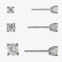 Silver Treasures Womens Cubic Zirconia Sterling Silver Round 3 Pair Earring Set
