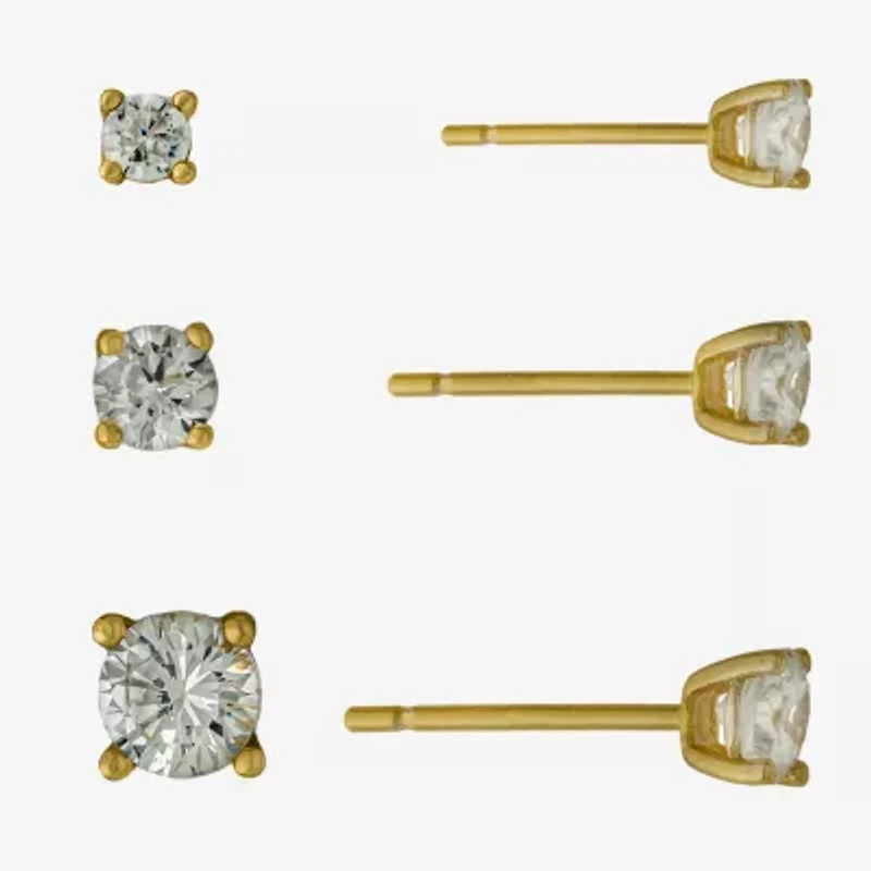 Silver Treasures Womens Cubic Zirconia 14K Gold Over Silver 3 Pair Earring Set