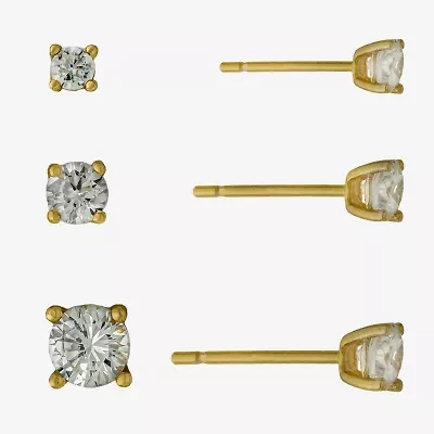 Silver Treasures Womens Cubic Zirconia 14K Gold Over Silver 3 Pair Earring Set