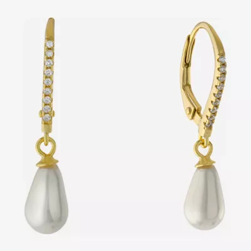 Silver Treasures Womens Simulated Pearl 14K Gold Over Silver Drop Earrings