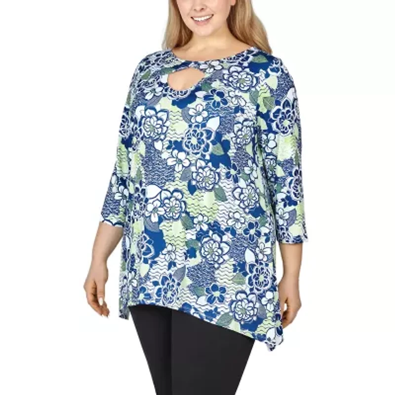 Larky Lark Womens Keyhole Neck 3/4 Sleeve Plus T-Shirt