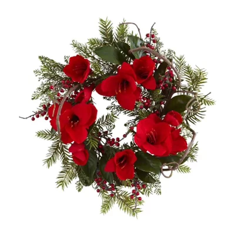 Nearly Natural 24in Amaryllis Wreath