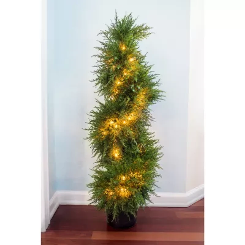 Nearly Natural 43in Cedar Spiral Lit Topiary Christmas Yard Art