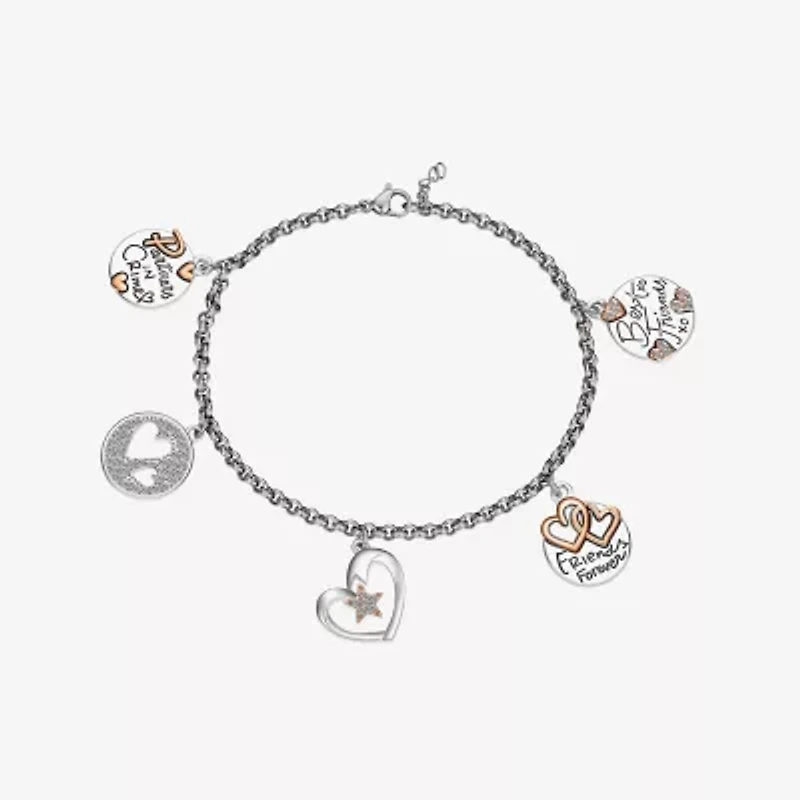 Footnotes Friends Womens Crystal Pure Silver Over Brass Stainless Steel Heart Star Charm Bracelet