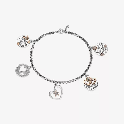 Footnotes Friends Womens Crystal Pure Silver Over Brass Stainless Steel Heart Star Charm Bracelet