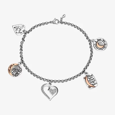 Footnotes Love Womens Crystal Pure Silver Over Brass Stainless Steel Heart Moon Charm Bracelet