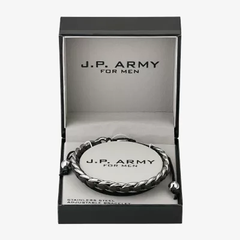 J.P. Army For Men Brown Leather Link Mens Stainless Steel Bolo Bracelet