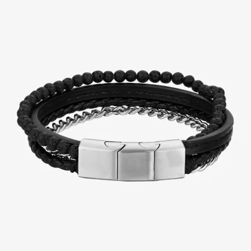 J.P. Army Leather Lava Bead Mens Stainless Steel 8 Inch Curb Chain Bracelet