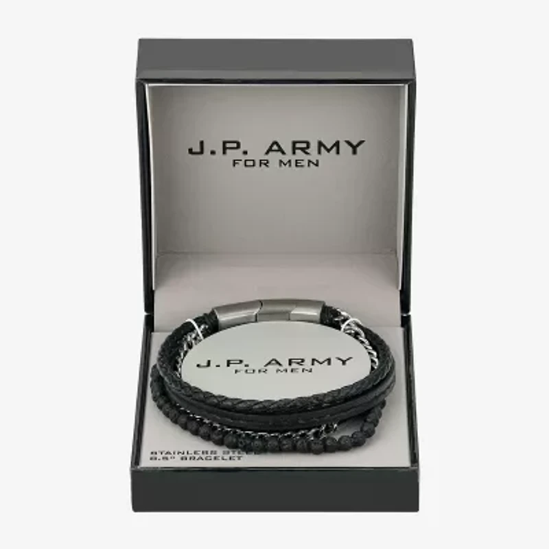 J.P. Army Leather Lava Bead Mens Stainless Steel 8 Inch Curb Chain Bracelet