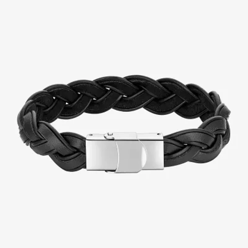 J.P. Army Black Leather Braid Mens Stainless Steel Cord Bracelet