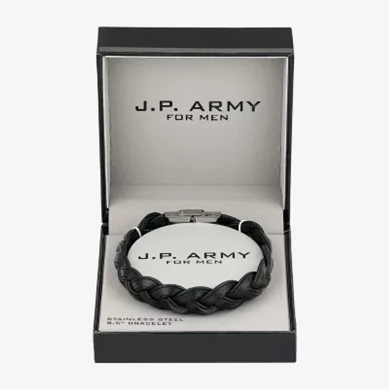 J.P. Army Black Leather Braid Mens Stainless Steel Cord Bracelet