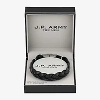 J.P. Army Black Leather Braid Mens Stainless Steel Cord Bracelet