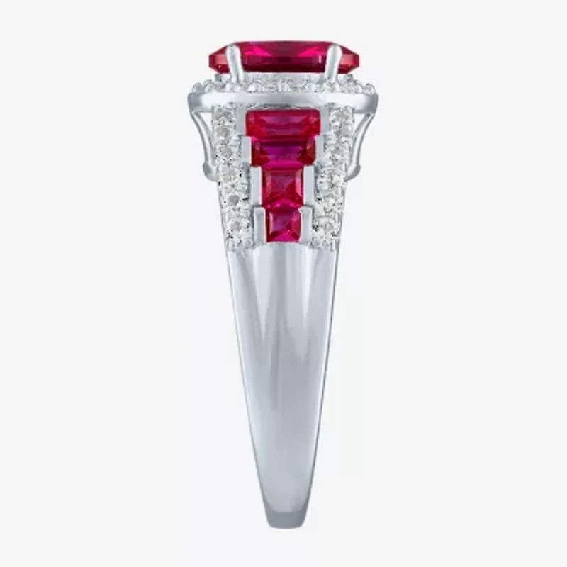 Womens Lab Created Red Ruby Sterling Silver Halo Side Stone Cocktail Ring