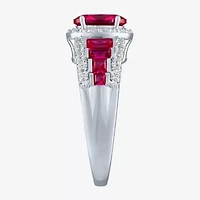 Womens Lab Created Red Ruby Sterling Silver Halo Side Stone Cocktail Ring