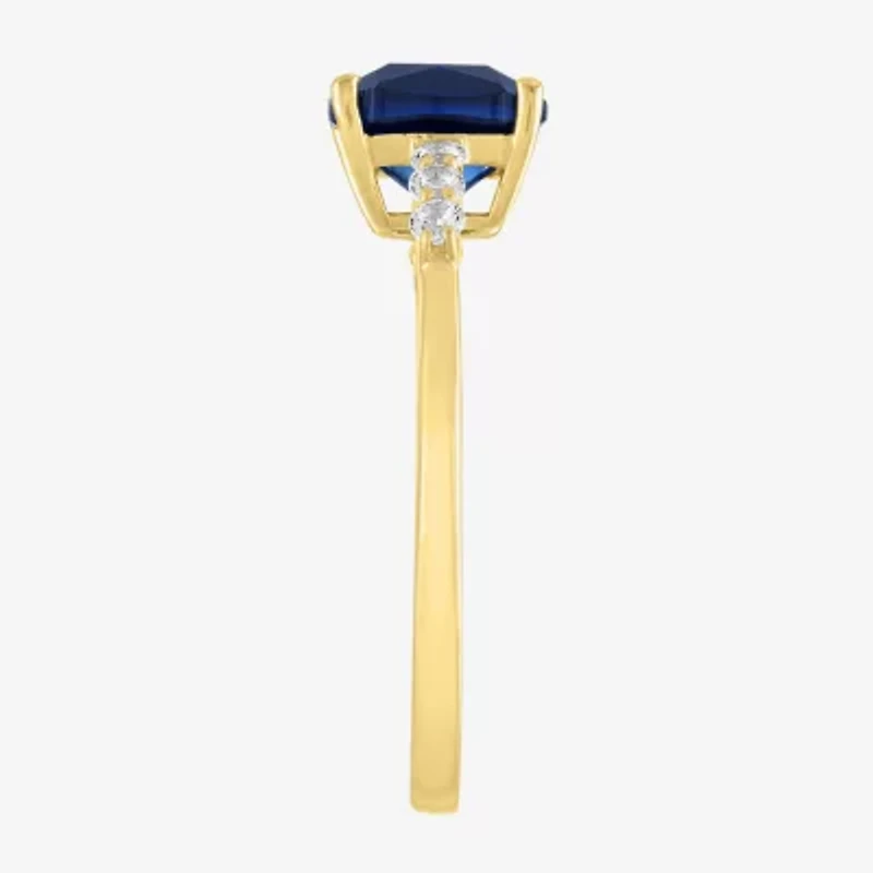 Womens Lab Created Gemstone 10K Gold Side Stone Solitaire Cushion Cocktail Ring