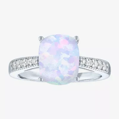 Womens Lab Created White Opal Sterling Silver Side Stone Solitaire Cocktail Ring